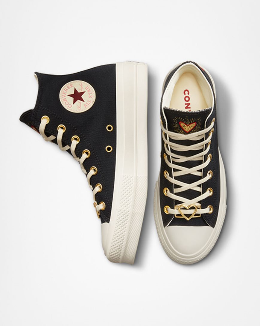 Dámské Boty Na Platformy Converse Chuck Taylor All Star Lift Hearts Vysoké Černé Tmavě Červené | CZ PIOC25